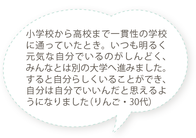 小学校から高校まで一貫性の学校に通っていたとき。いつも明るく元気な自分でいるのがしんどく、みんなとは別の大学へ進みました。すると自分らしくいることができ、自分は自分でいいんだと思えるようになりました（りんご・30代）