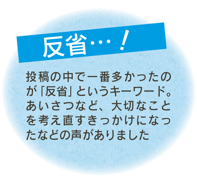 反省…！　投稿の中で一番多かったのが「反省」というキーワード。あいさつなど、大切なことを考え直すきっかけになったなどの声がありました