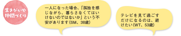 生きがいや仲間づくり/一人になった場合、「孤独を感じながら、暮らさなくてはいけないのではないか」という不安があります（SM、38歳）/テレビを見て過ごすだけになるのは、避けたい（WT、53歳）