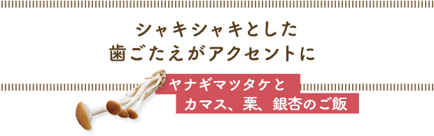 シャキシャキとした歯ごたえがアクセントに/ヤナギマツタケとカマス、栗、銀杏のご飯