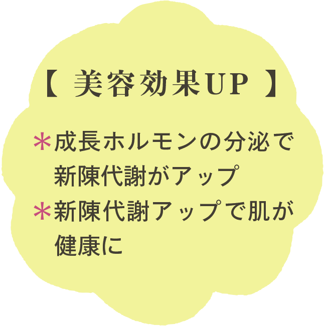 【 美容効果UP 】＊成長ホルモンの分泌で新陳代謝がアップ　＊新陳代謝アップで肌が健康に